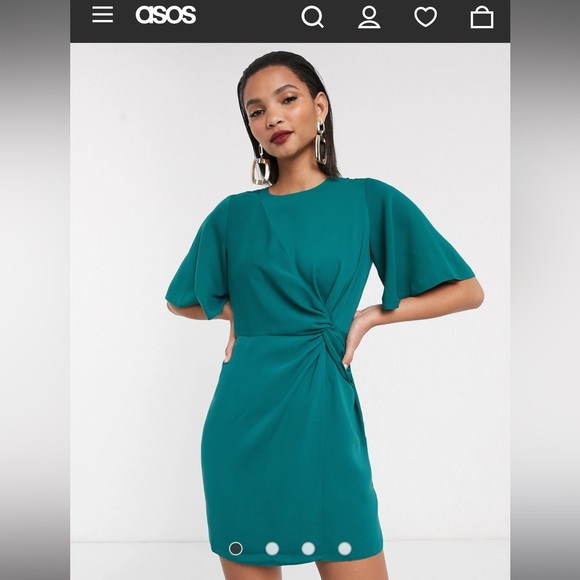 ASOS | ASOS DESIGN twist front mini dress with angel sleeve in antique green - Picture 2 of 9